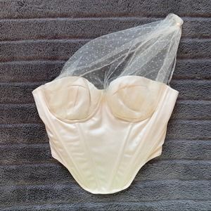 HOUSE OF CB/ Kim Ivory Draped Mesh Spotted Dot Sheer Tulle Asymmetrical Corset